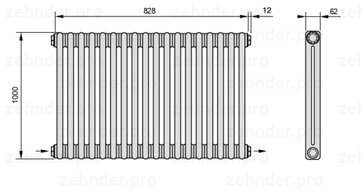 Схема (чертеж) Радиатор Zehnder Charleston 2100/18 №2670 Белый глянцевый RAL 9016